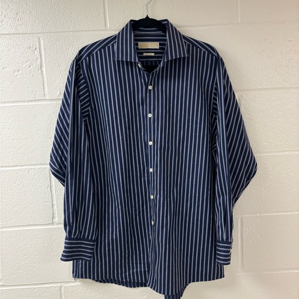 Michael Kors Navy Blue and White Striped Men’s Dress Shirt Size US neck 16 32/33